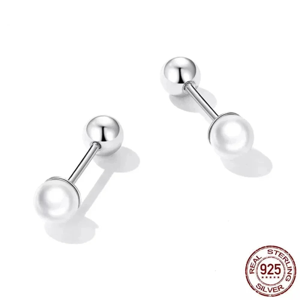 Charm And Elegance: 925 Sterling Silver Pearl Beads Screw Stud Earrings - Velora Luxury Fashion