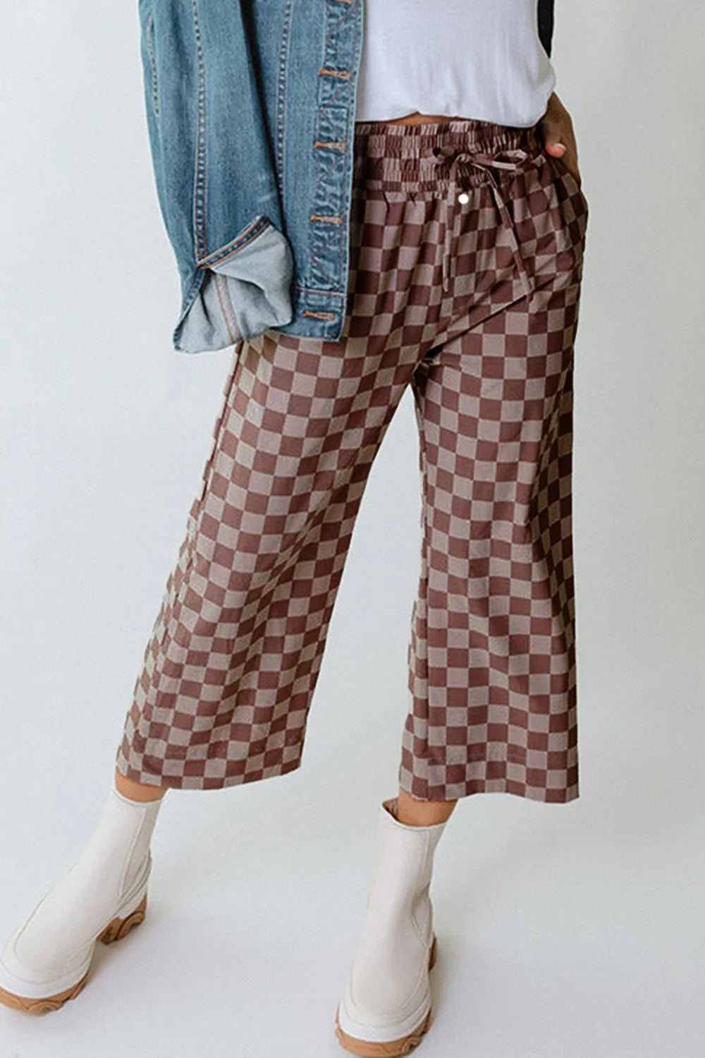 Checkered Elastic High Waist Loose Casual Pants - Velora Luxury Fashion