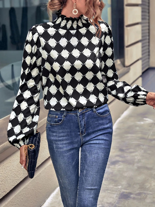 Checkered Pattern Balloon Sleeve Blouse - Velora Luxury Fashion