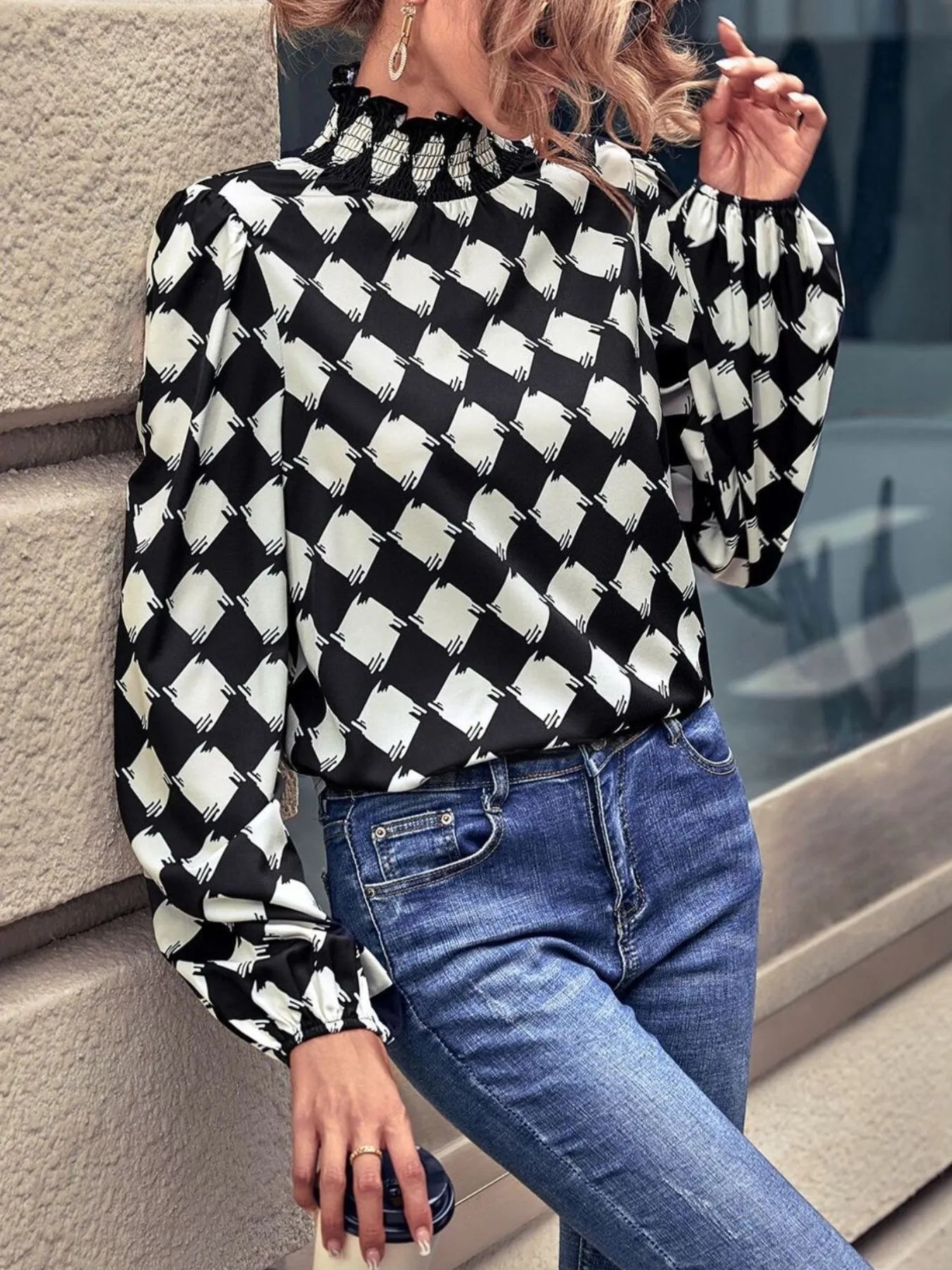 Checkered Pattern Balloon Sleeve Blouse - Velora Luxury Fashion