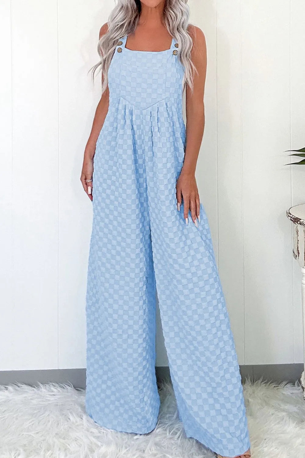 Checkered Pocketed Wide Leg Overalls - Velora Luxury Fashion