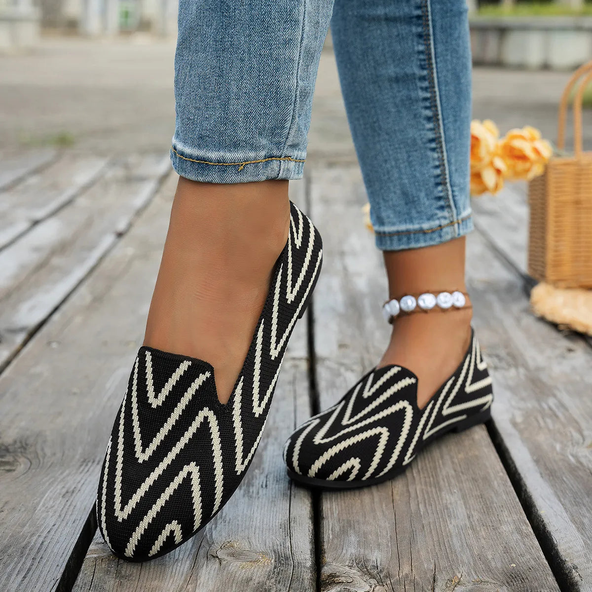 Chevron Pattern Flat Slip-Ons - Velora Luxury Fashion