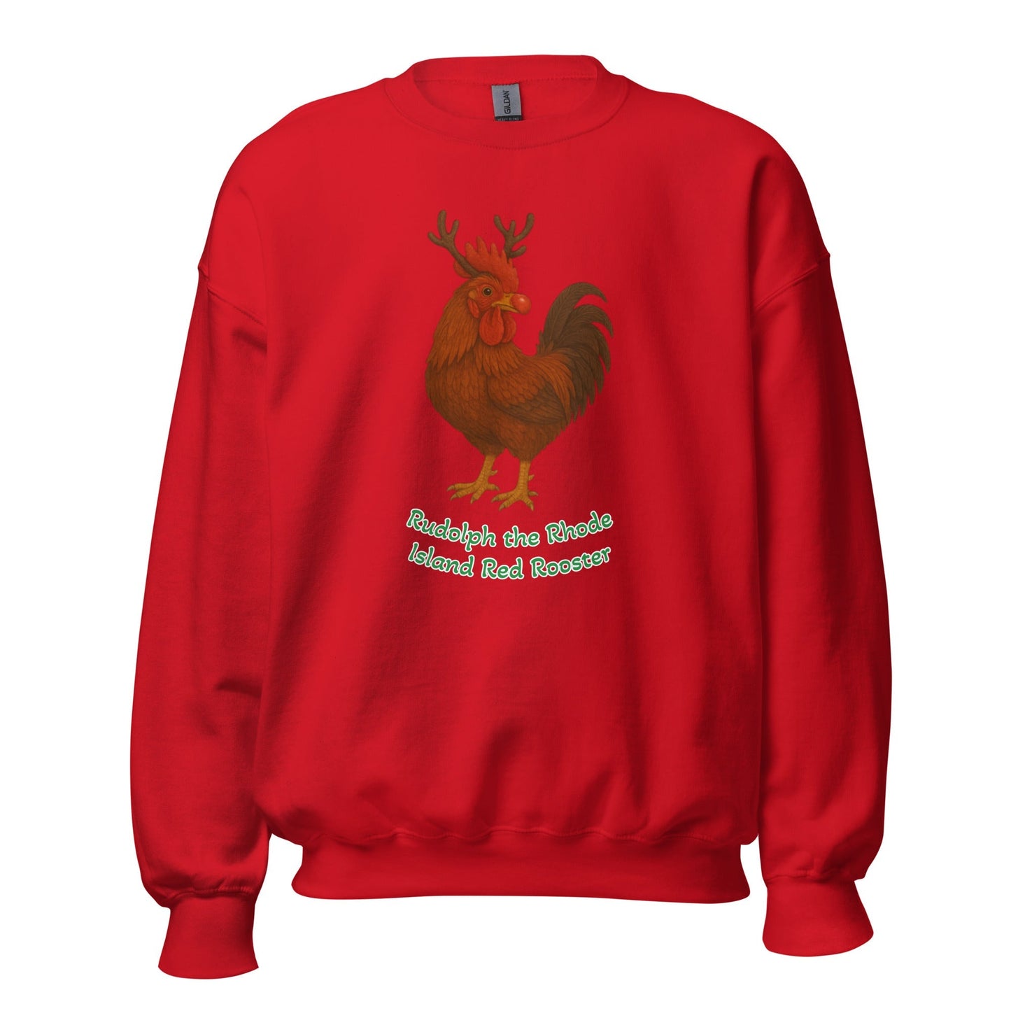 Chickmas Rudolph the Rhode Island Red Rooster (words) Unisex Sweatshirt - Velora Luxury Fashion