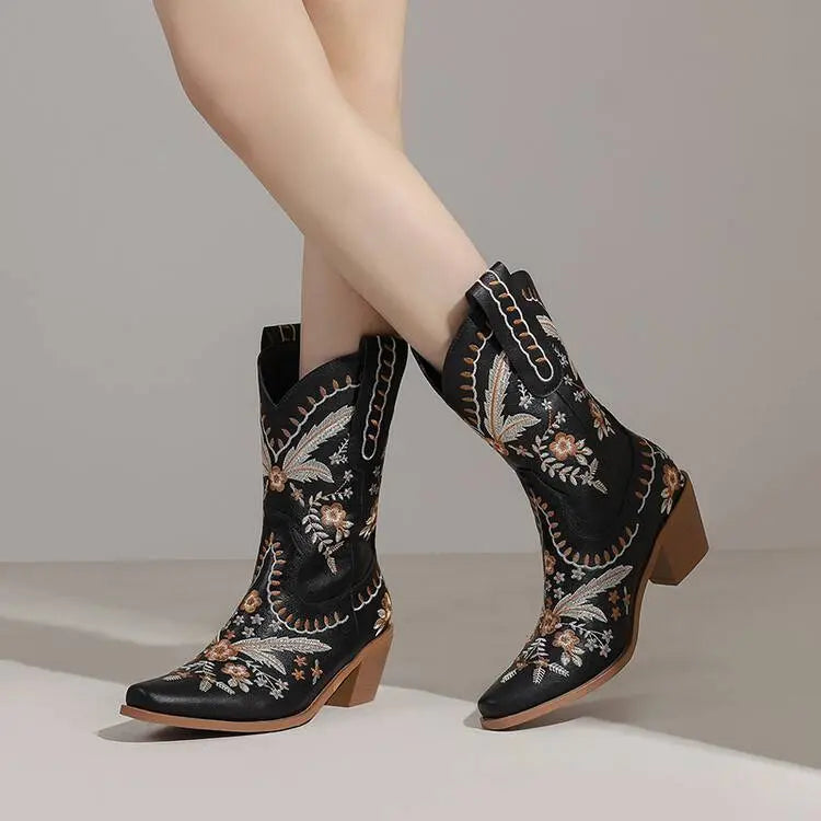 Chunky Heel Embroidery Knee-high Cowboy Boots EX-STOCK Canada