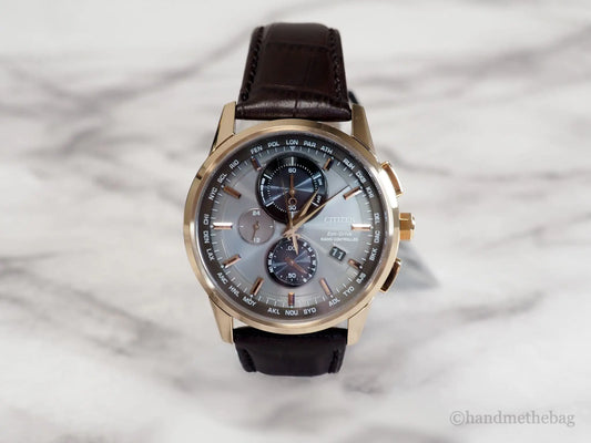 Citizen (AT8113-04H) World Chronograph A-T Brown Crocodile Print Strap Watch - Velora Luxury Fashion