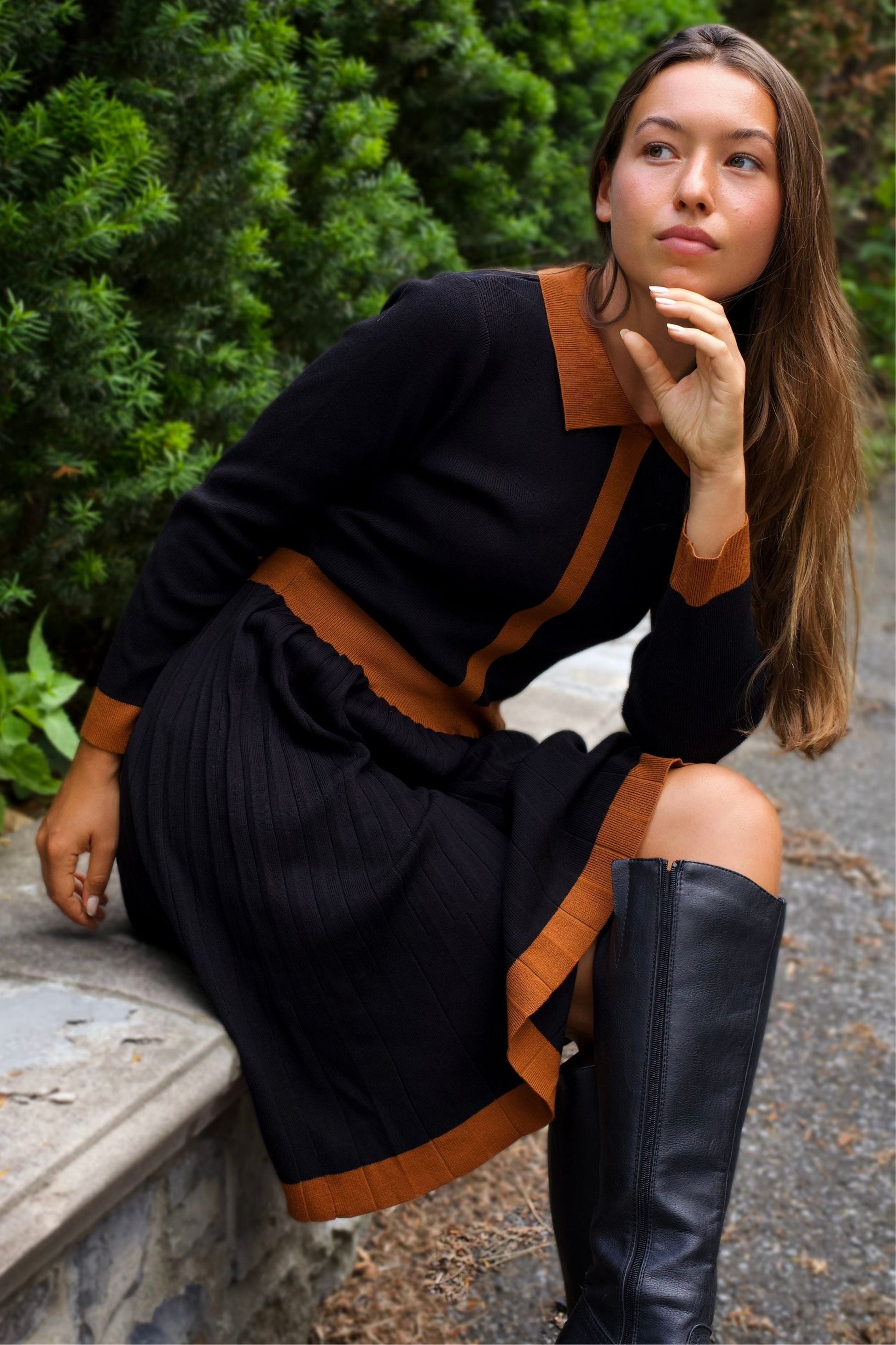 Clarissa Knit Women's Dress Contrast Trim Long Sleeves - Velora Luxury Fashion