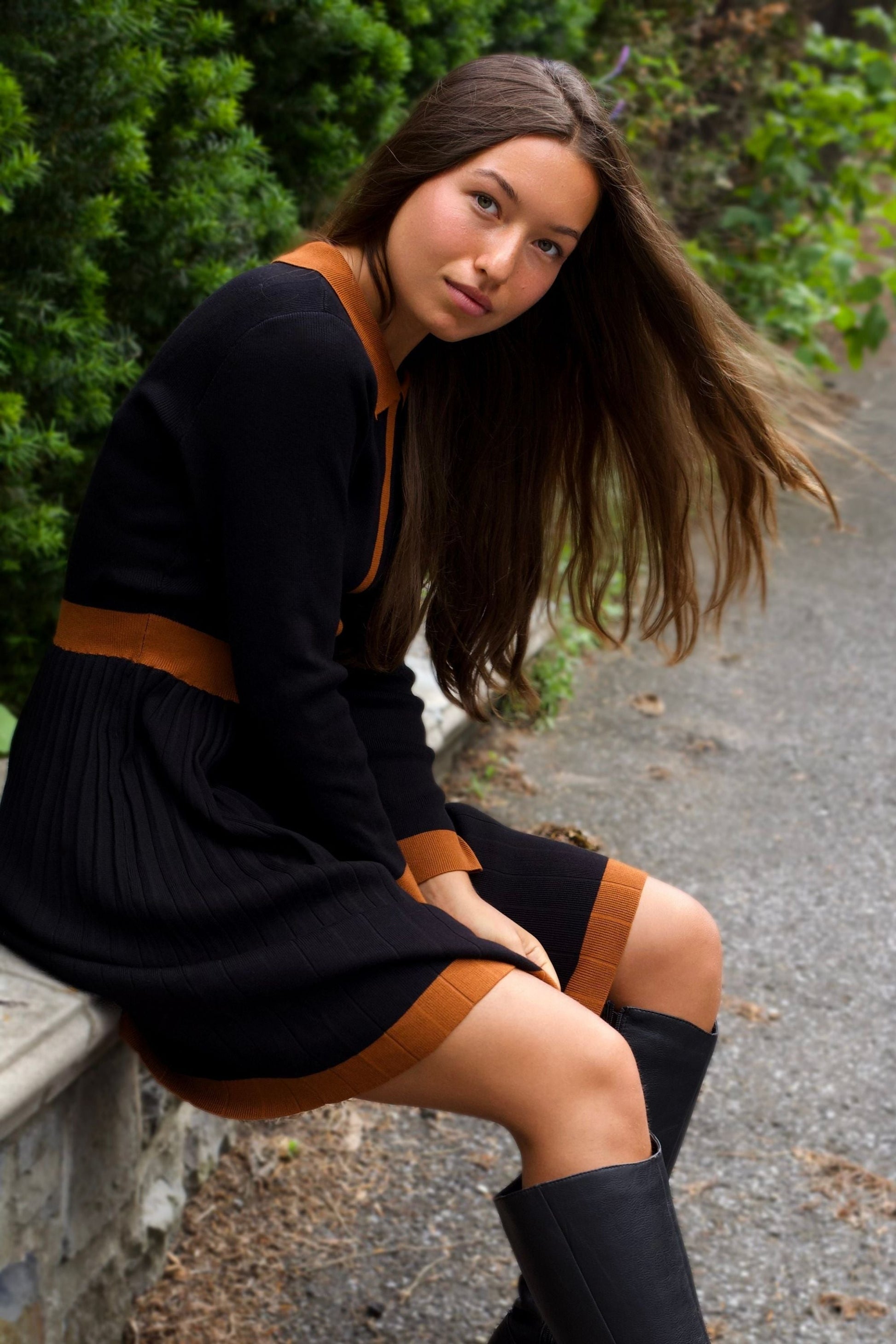 Clarissa Knit Women's Dress Contrast Trim Long Sleeves - Velora Luxury Fashion