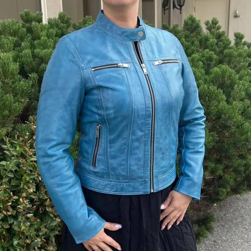 Classic Women's Lamb Leather Jacket with Snap Collar - Velora Luxury Fashion