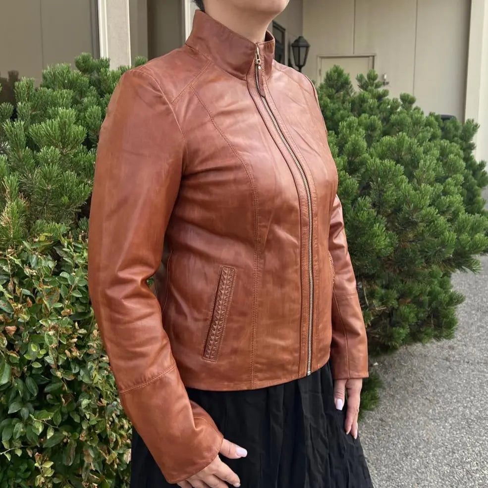 Classic Women's Lamb Leather Zip Jacket with Woven Pocket Design - Velora Luxury Fashion