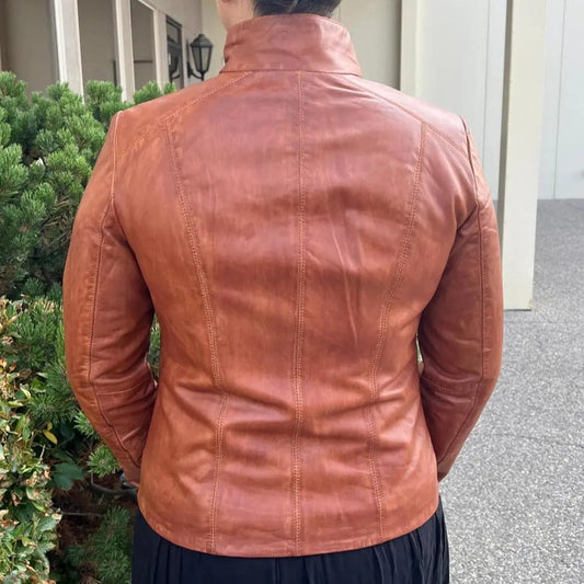 Classic Women's Lamb Leather Zip Jacket with Woven Pocket Design - Velora Luxury Fashion