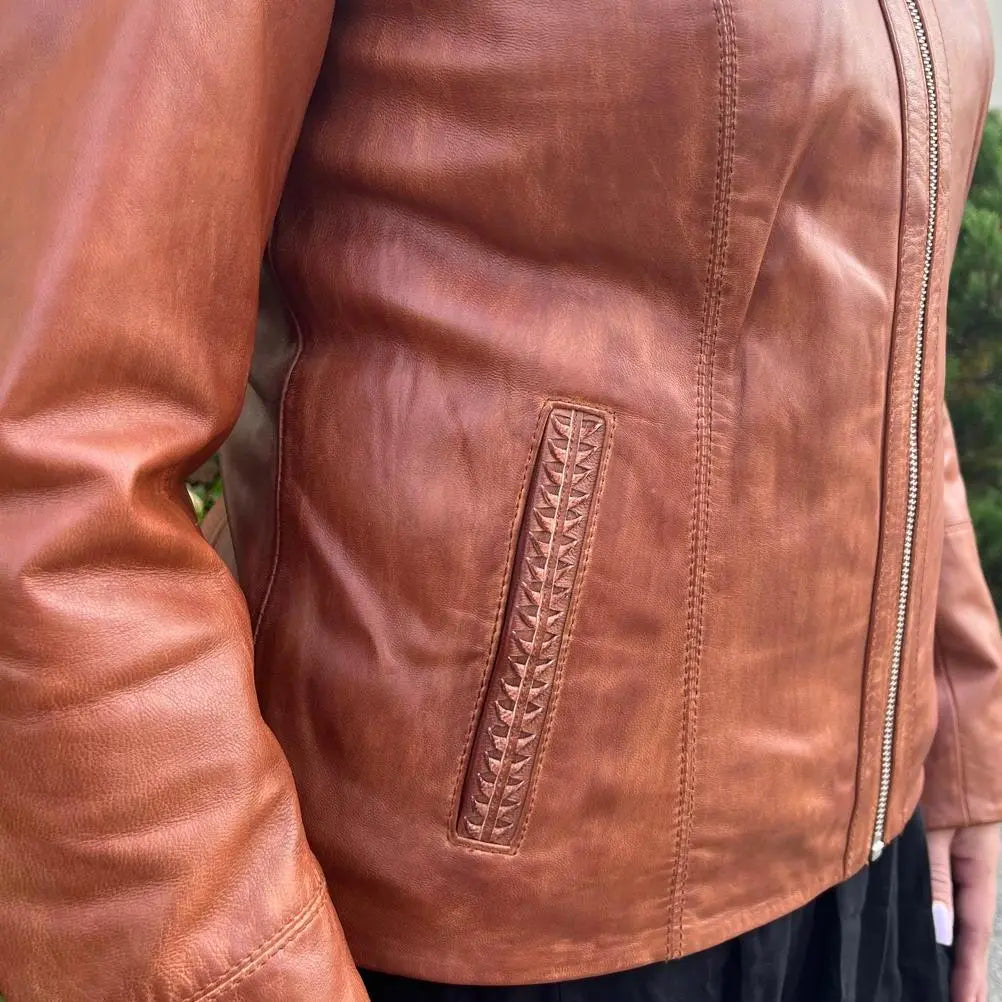 Classic Women's Lamb Leather Zip Jacket with Woven Pocket Design - Velora Luxury Fashion