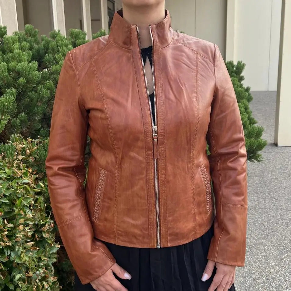 Classic Women's Lamb Leather Zip Jacket with Woven Pocket Design Boutique of Leathers/Open Road