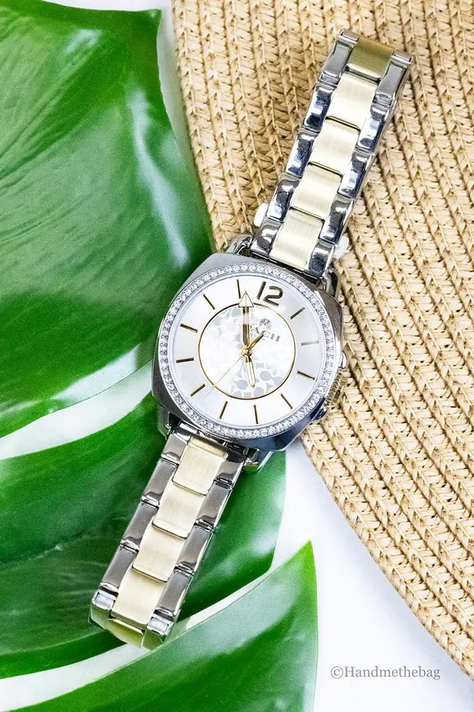 Coach Boyfriend Crystal Bezel Silver Gold Toned Watch - Velora Luxury Fashion