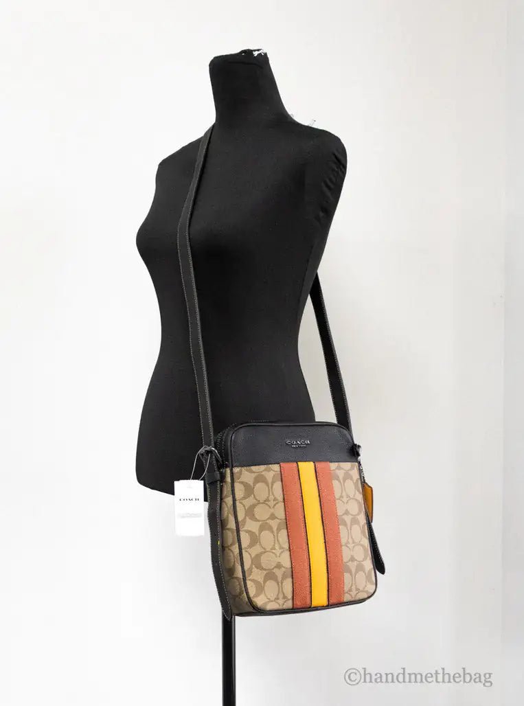 Coach Hudson 21 Khaki Terracotta Signature Varsity Stripe Crossbody - Velora Luxury Fashion