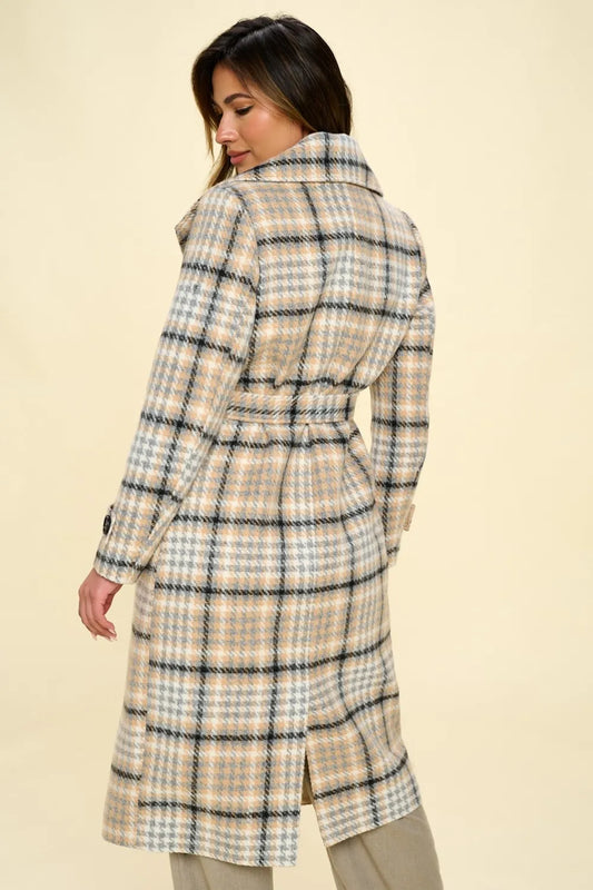 Coalition LA Double-Breasted Plaid Coat with Belt - Velora Luxury Fashion