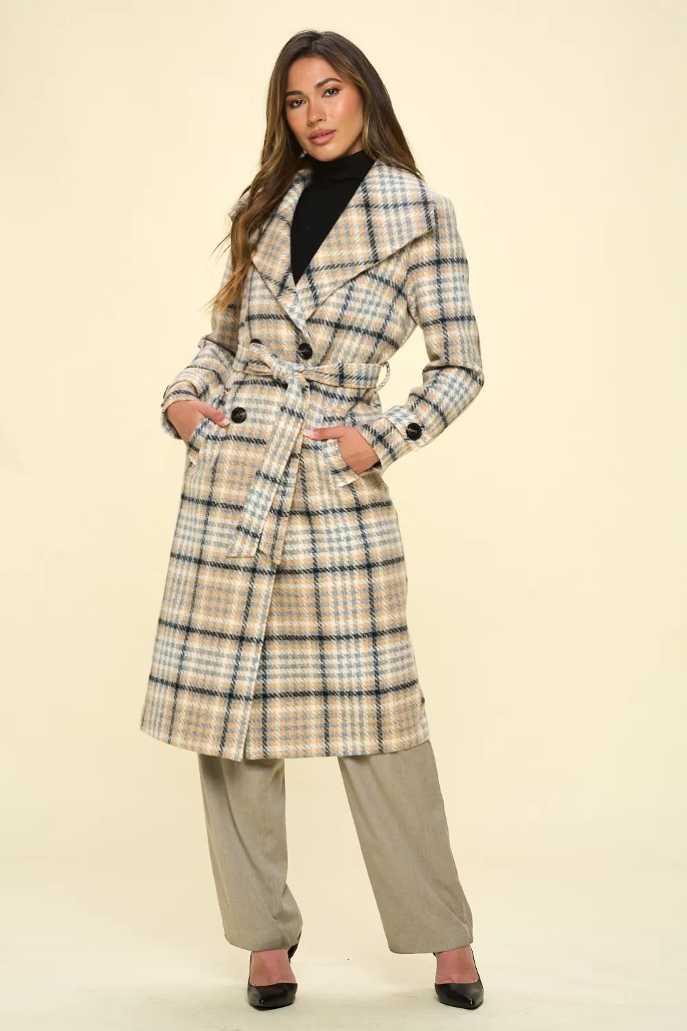 Coalition LA Double-Breasted Plaid Coat with Belt - Velora Luxury Fashion