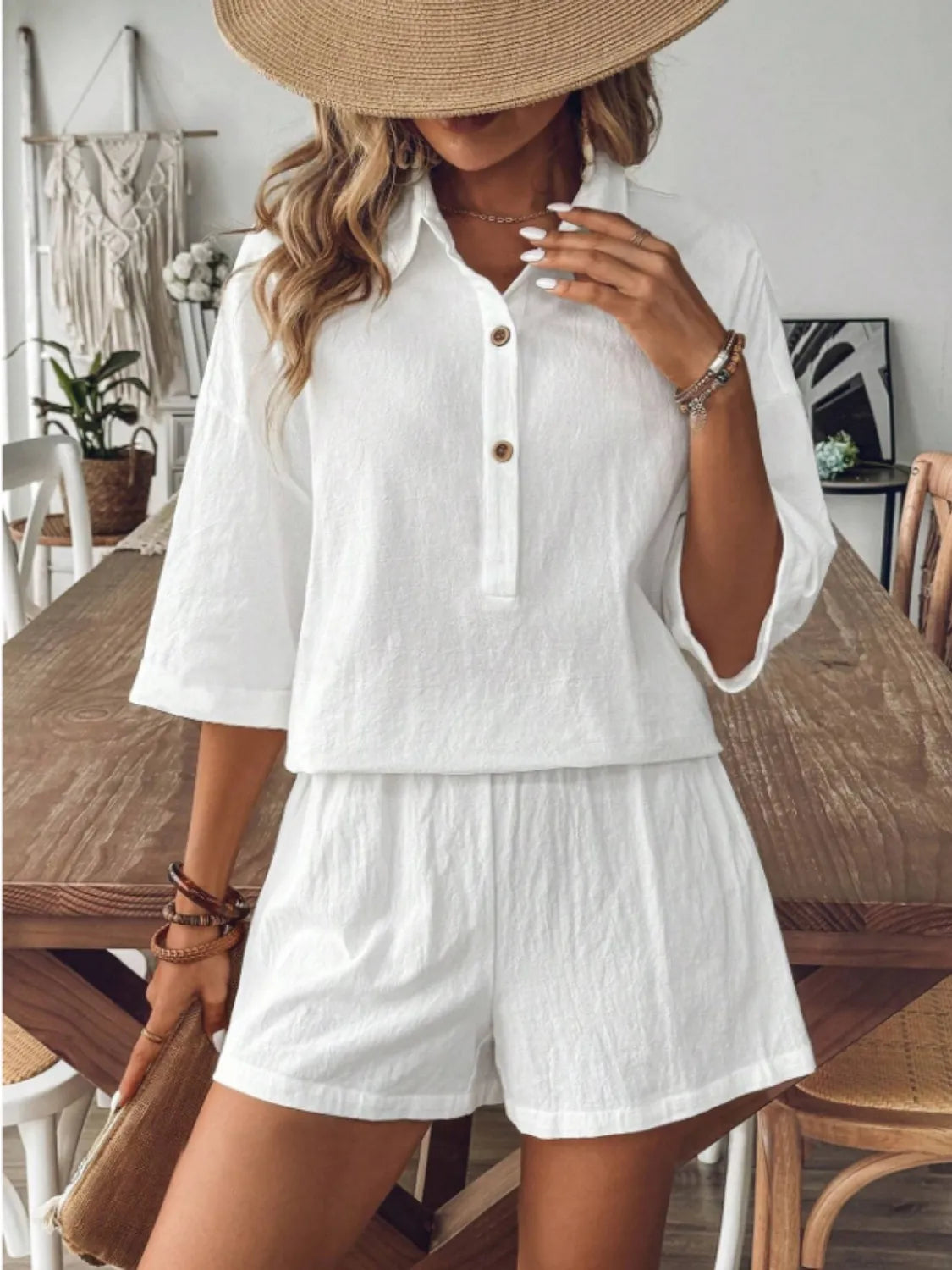 Collared Neck Half Sleeve Top and Shorts Set - Velora Luxury Fashion