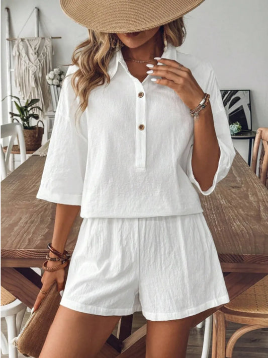 Collared Neck Half Sleeve Top and Shorts Set - Velora Luxury Fashion