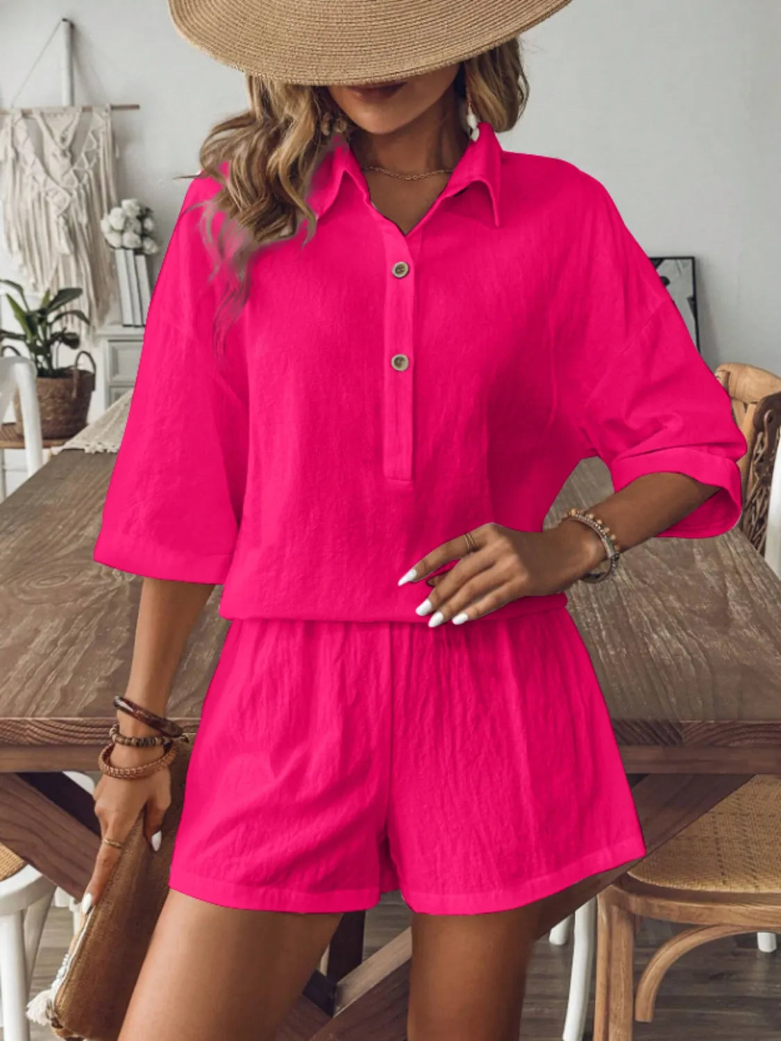 Collared Neck Half Sleeve Top and Shorts Set - Velora Luxury Fashion