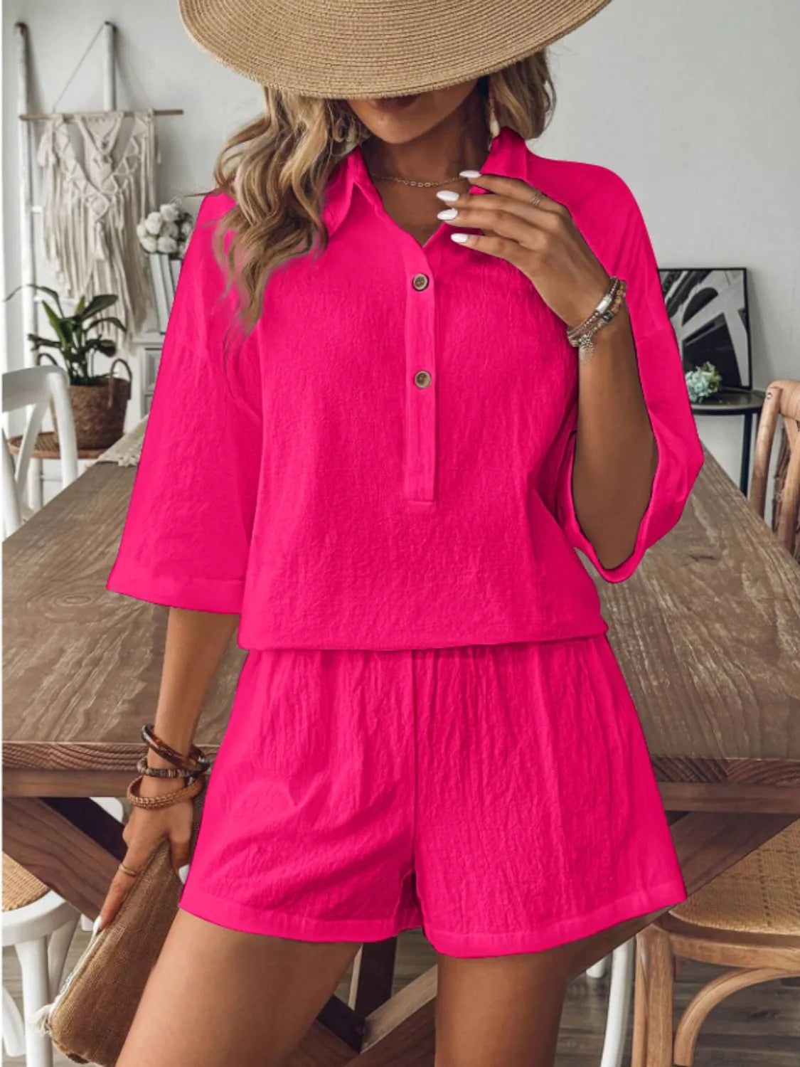 Collared Neck Half Sleeve Top and Shorts Set - Velora Luxury Fashion