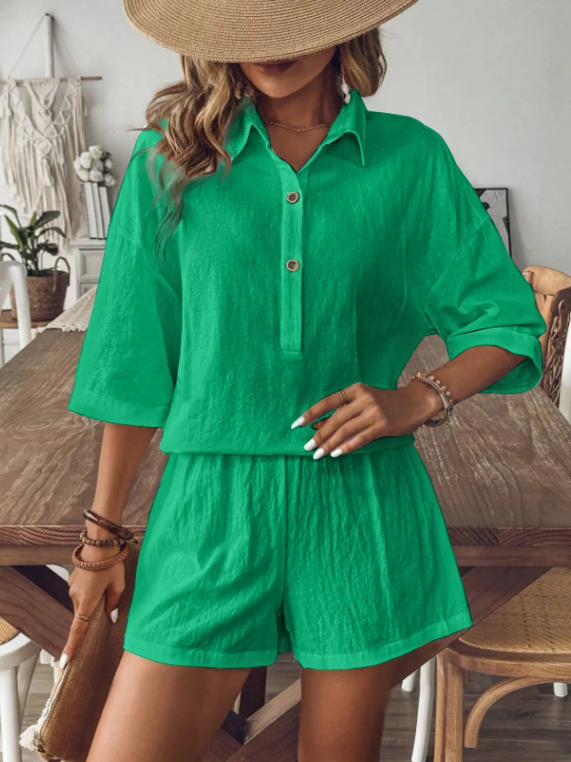 Collared Neck Half Sleeve Top and Shorts Set - Velora Luxury Fashion