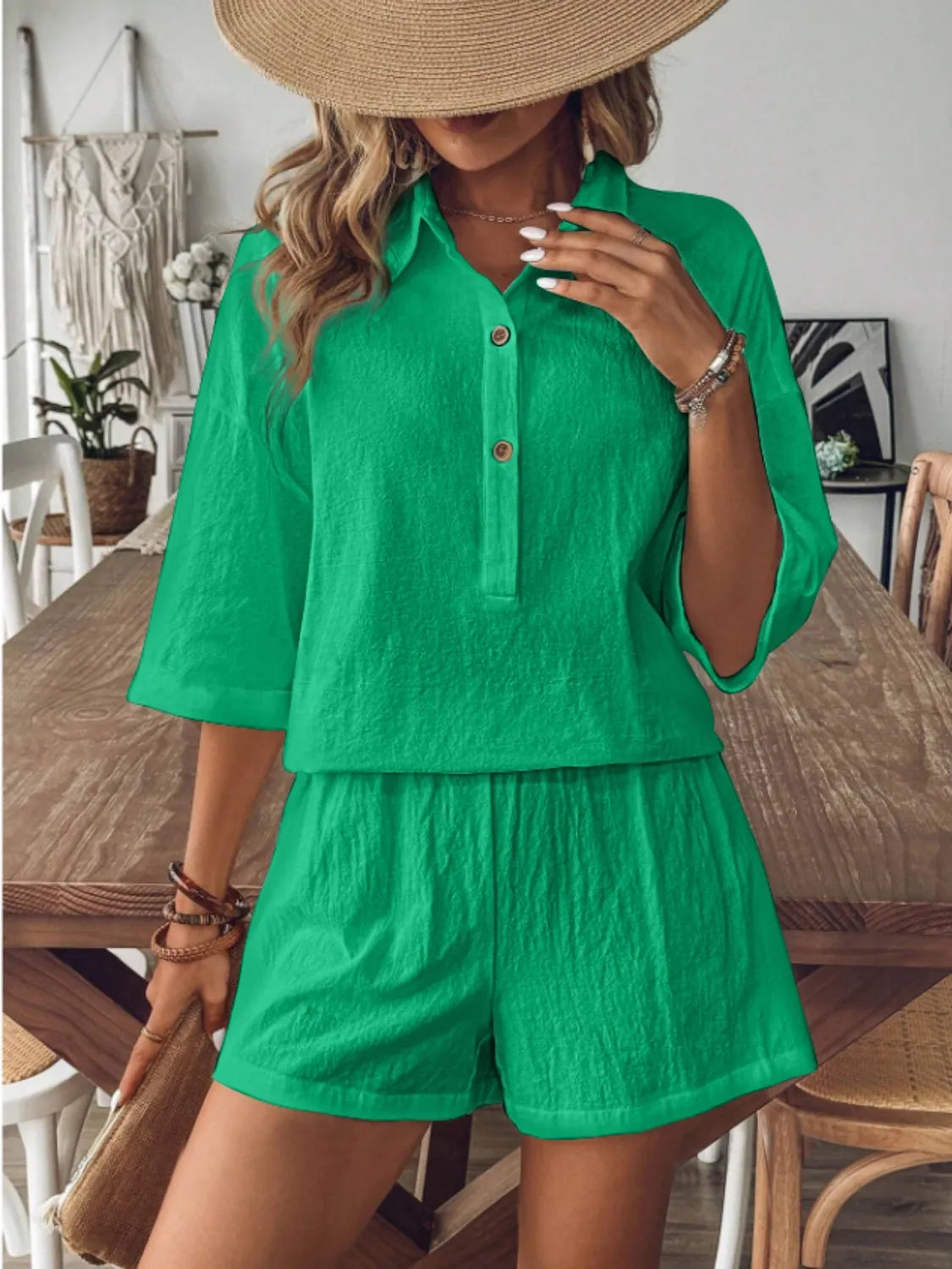 Collared Neck Half Sleeve Top and Shorts Set - Velora Luxury Fashion