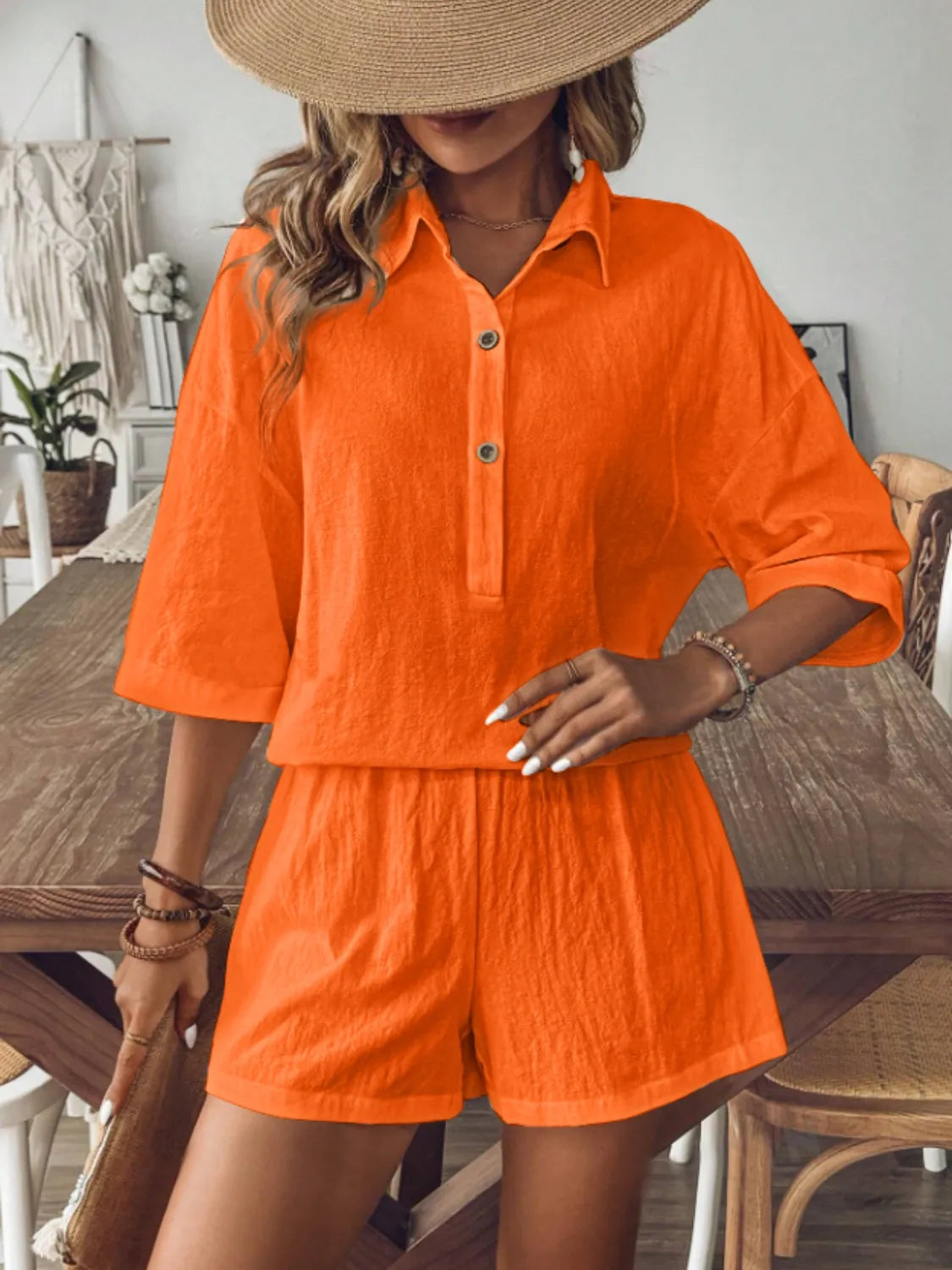 Collared Neck Half Sleeve Top and Shorts Set - Velora Luxury Fashion