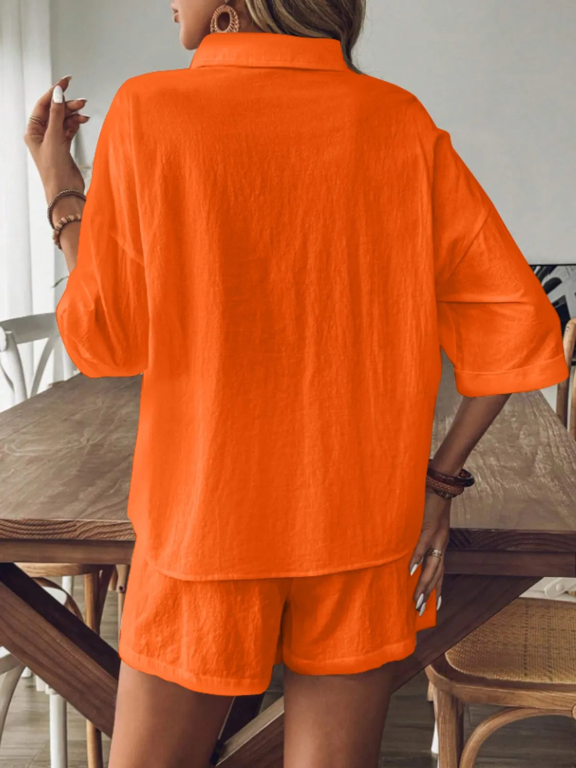 Collared Neck Half Sleeve Top and Shorts Set - Velora Luxury Fashion