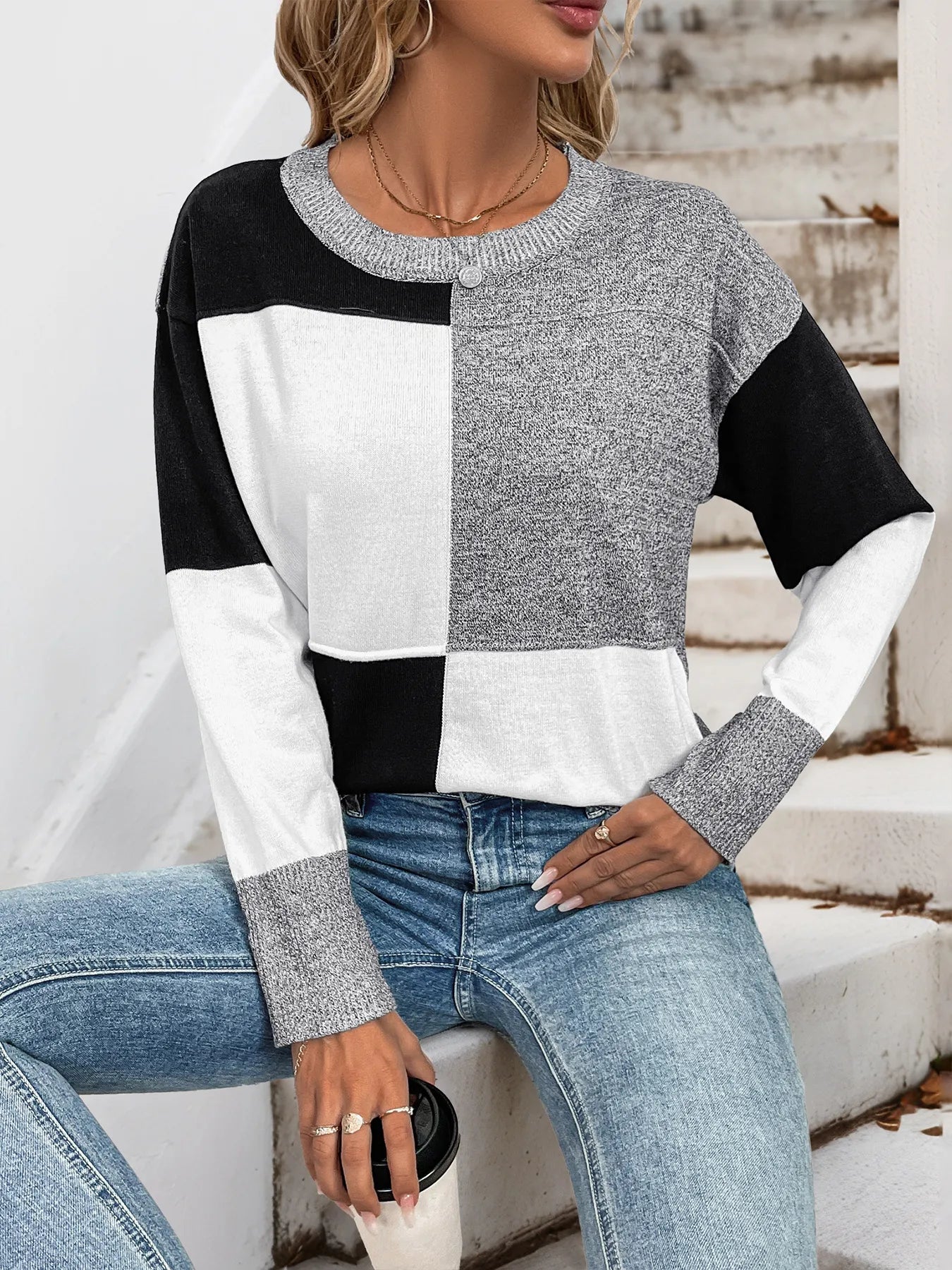 Color Block Knit Long Sleeve Sweater - Velora Luxury Fashion