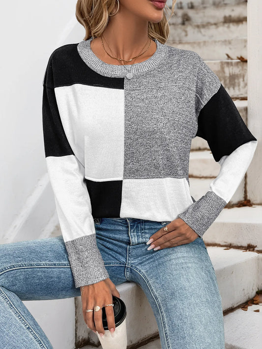 Color Block Knit Long Sleeve Sweater - Velora Luxury Fashion