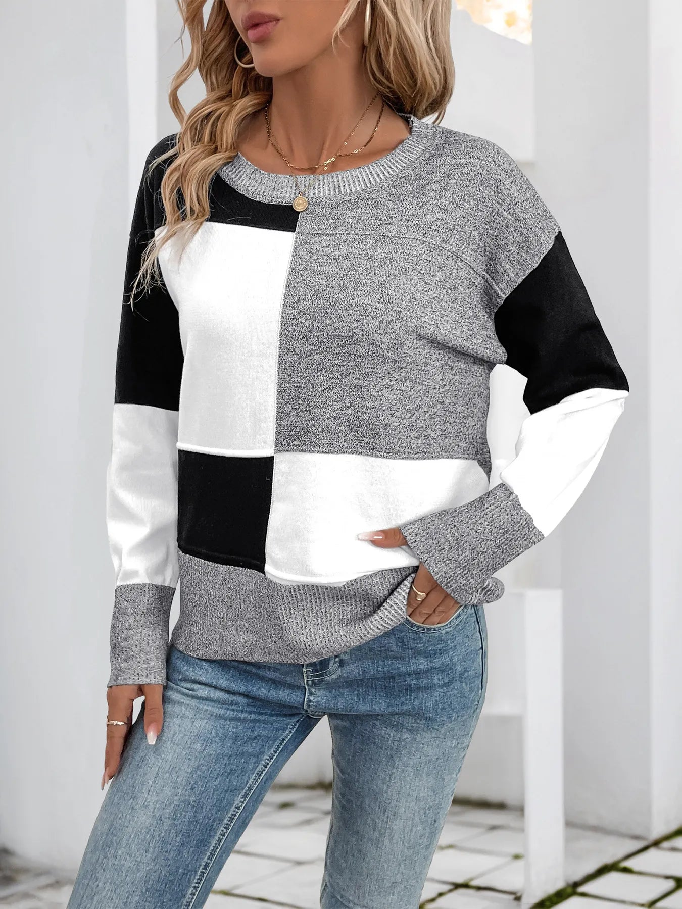 Color Block Knit Long Sleeve Sweater - Velora Luxury Fashion