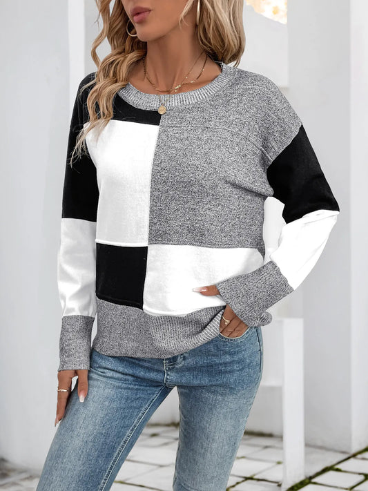 Color Block Knit Long Sleeve Sweater - Velora Luxury Fashion