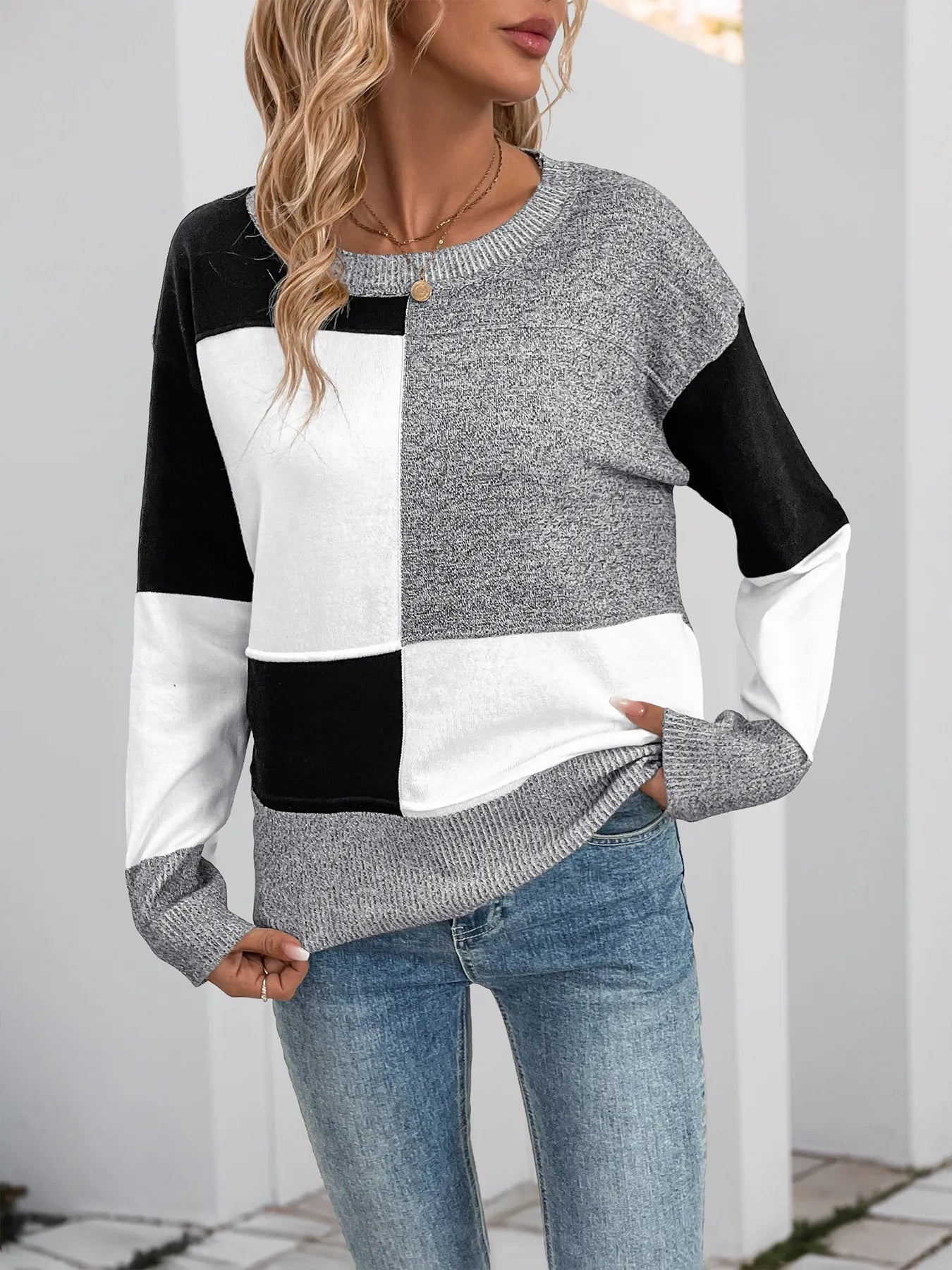 Color Block Knit Long Sleeve Sweater - Velora Luxury Fashion