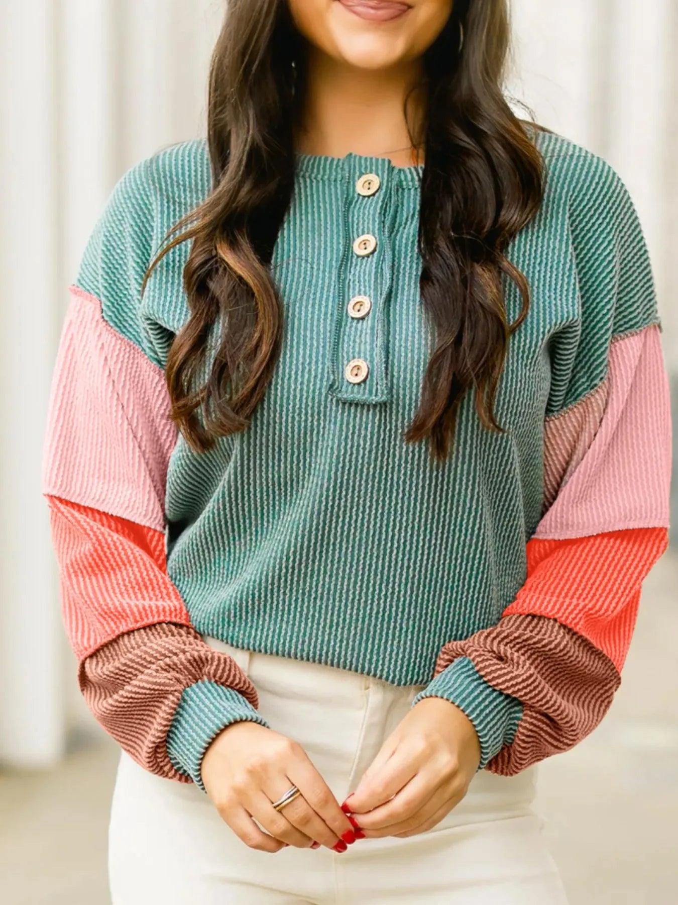 Color Block Ribbed Knit Henley Sweatshirt - Velora Luxury Fashion