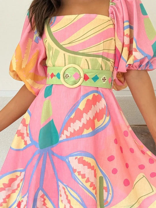 Colorful Print Belted Mini Dress with Puff Sleeves - Velora Luxury Fashion