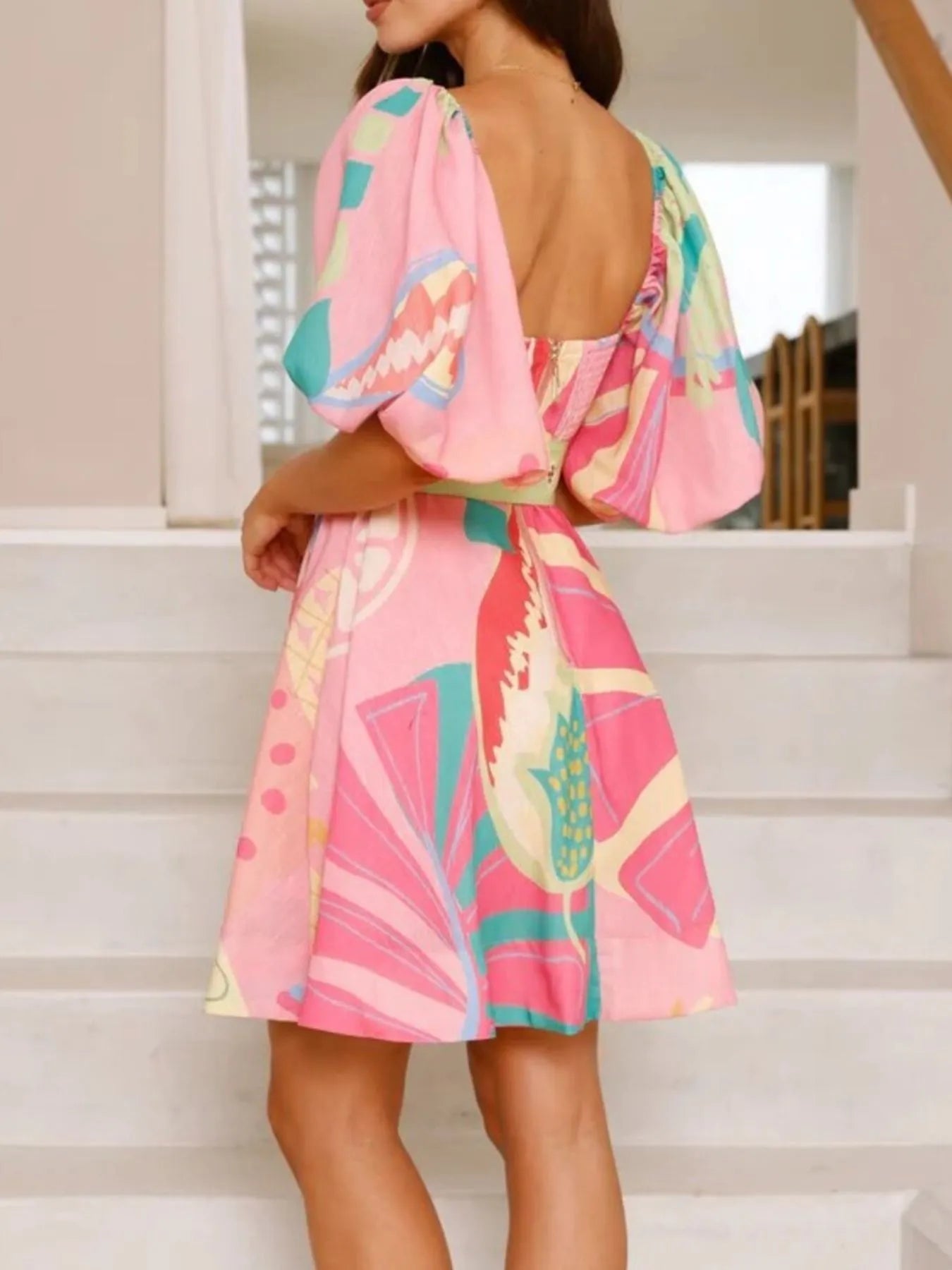 Colorful Print Belted Mini Dress with Puff Sleeves - Velora Luxury Fashion