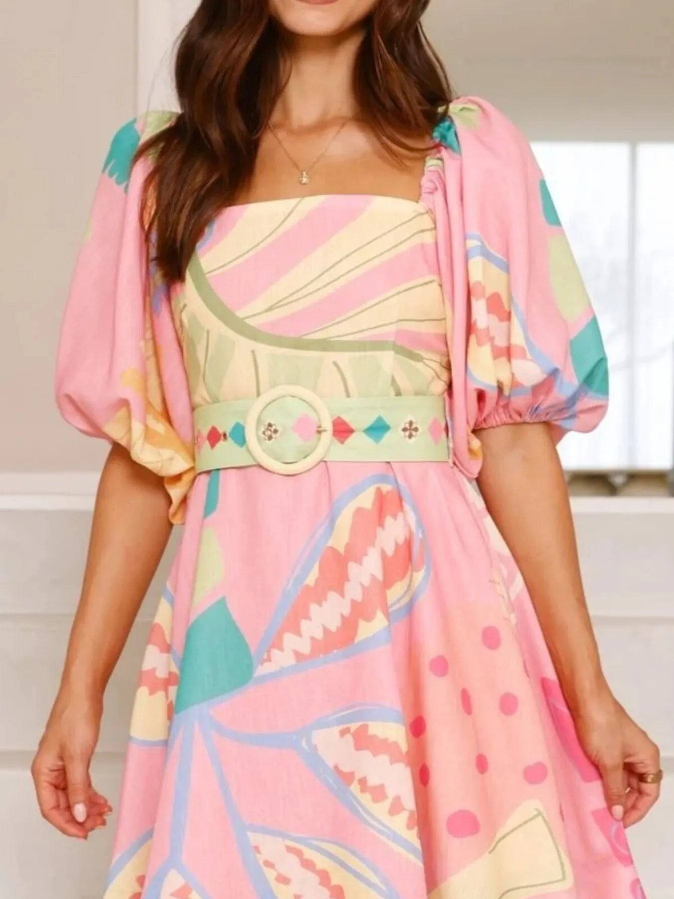 Colorful Print Belted Mini Dress with Puff Sleeves - Velora Luxury Fashion