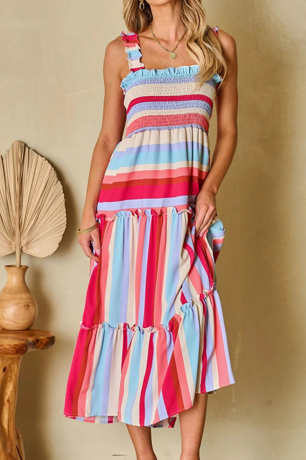 Contrast Stripe Wide Strap Smocked Tiered Dress - Velora Luxury Fashion