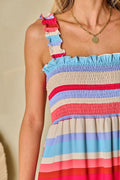 Contrast Stripe Wide Strap Smocked Tiered Dress - Velora Luxury Fashion