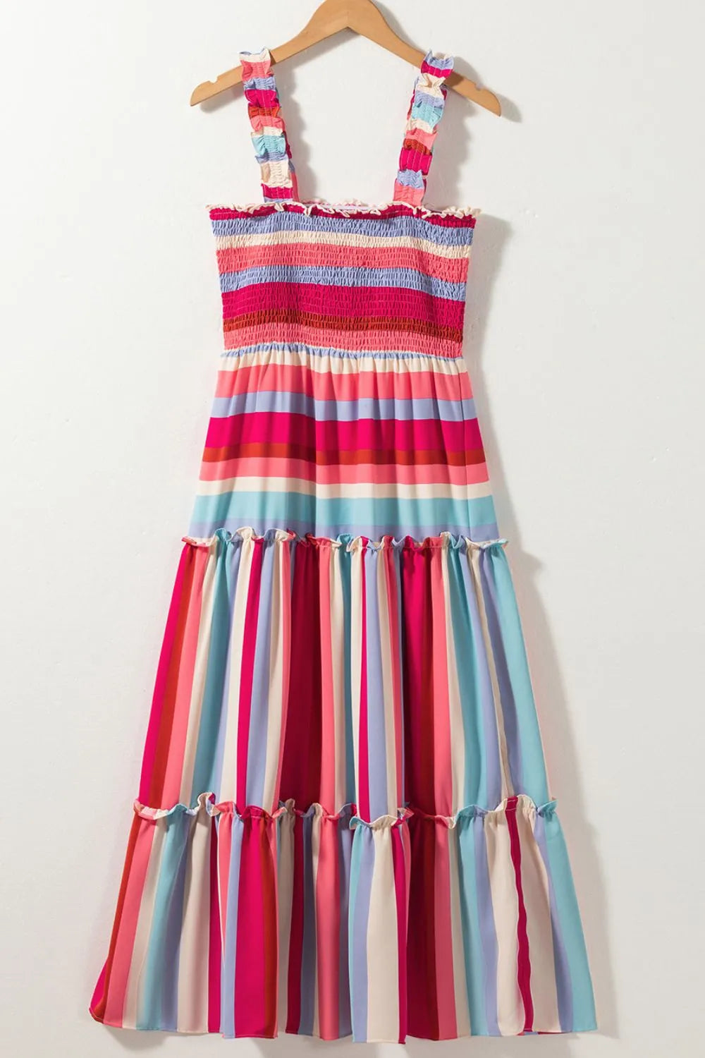 Contrast Stripe Wide Strap Smocked Tiered Dress - Velora Luxury Fashion