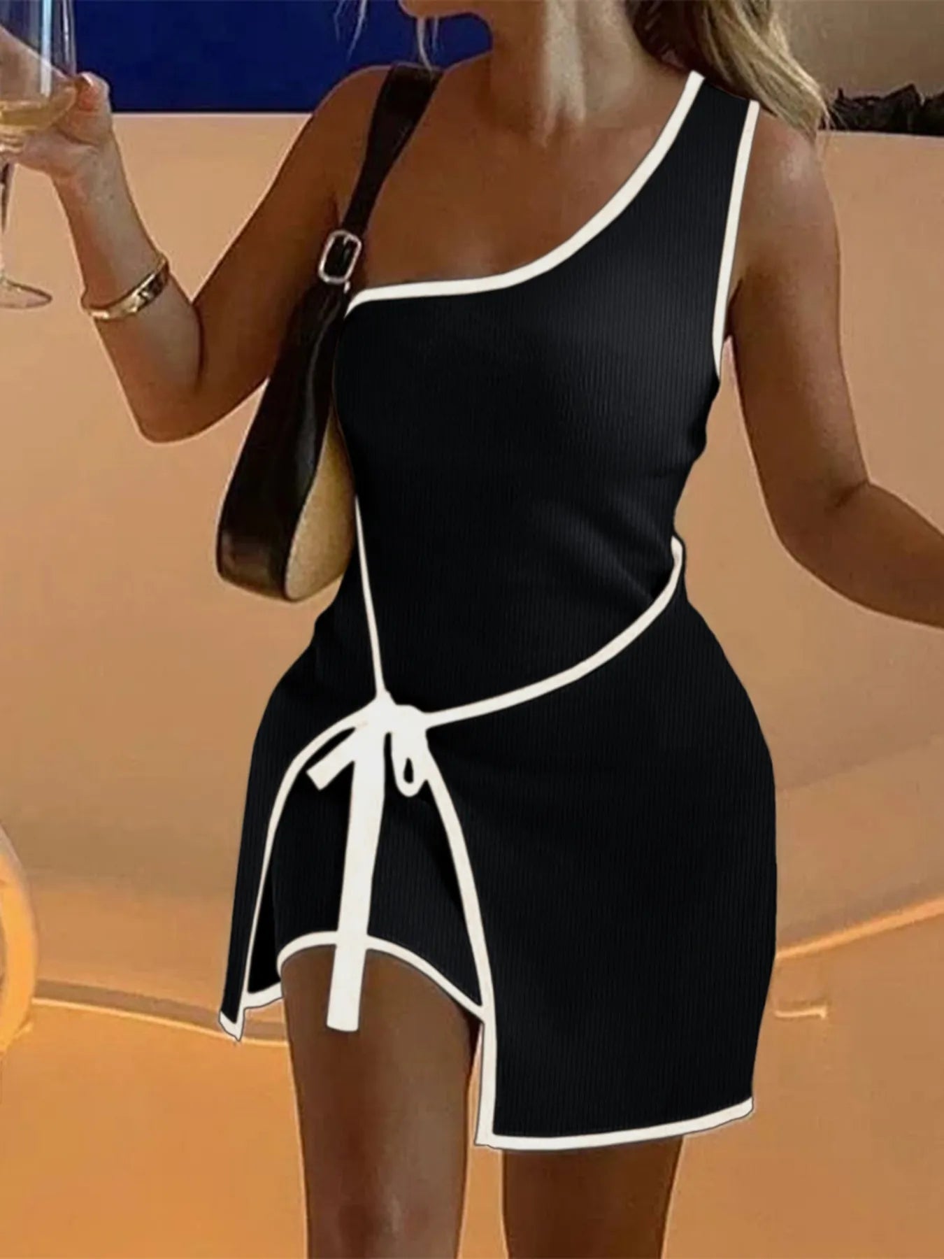 Contrast Trim Single Shoulder Mini Dress - Velora Luxury Fashion