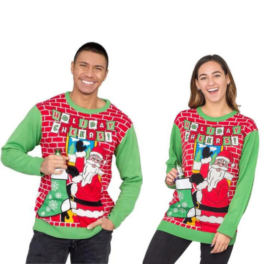 Couple - Holiday Cheers! Santa With Beer Holder Stocking  Sweater - Velora Luxury Fashion