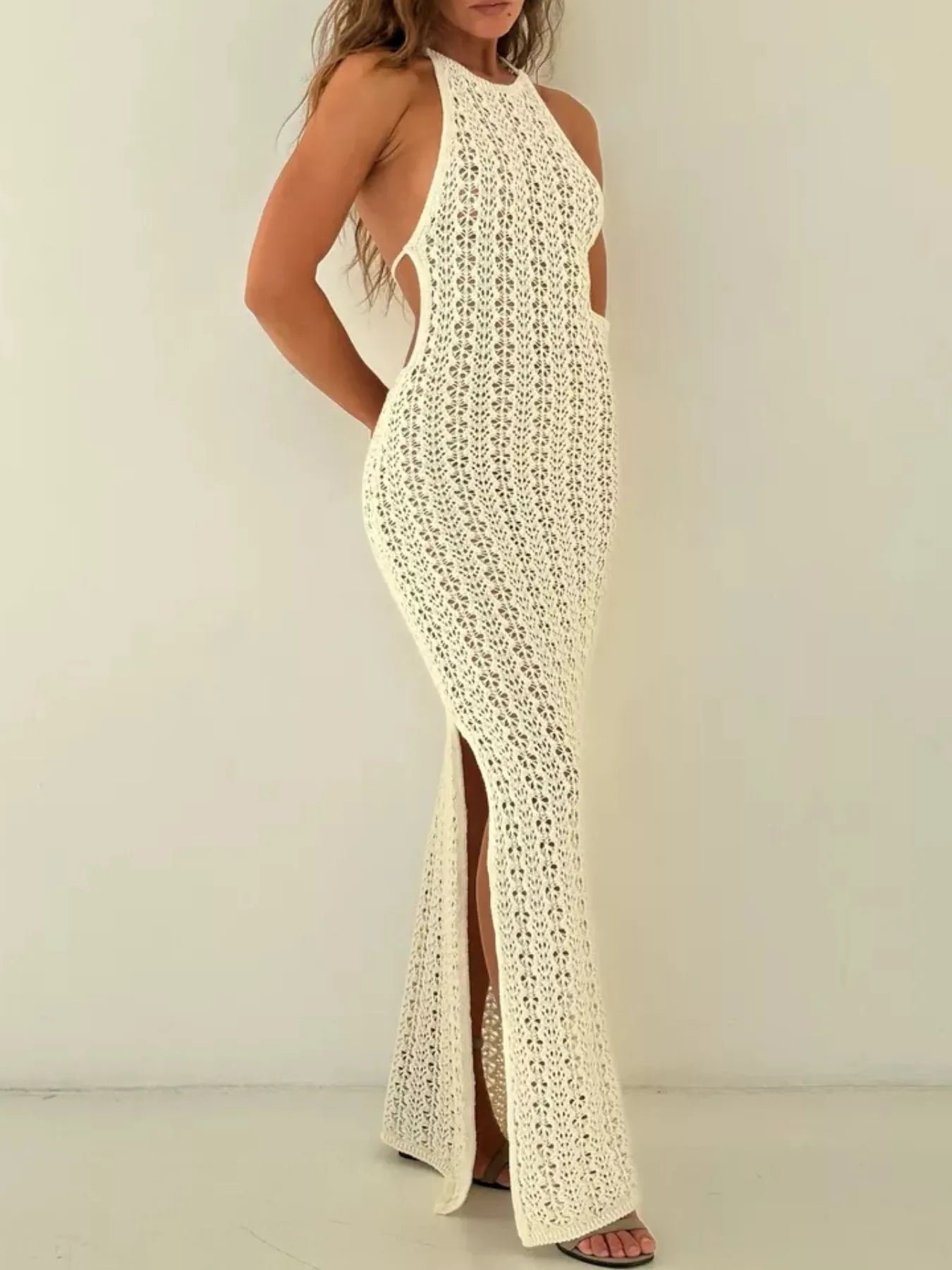Crochet Halter Neck Bodycon Knit Cover Up Dress - Velora Luxury Fashion