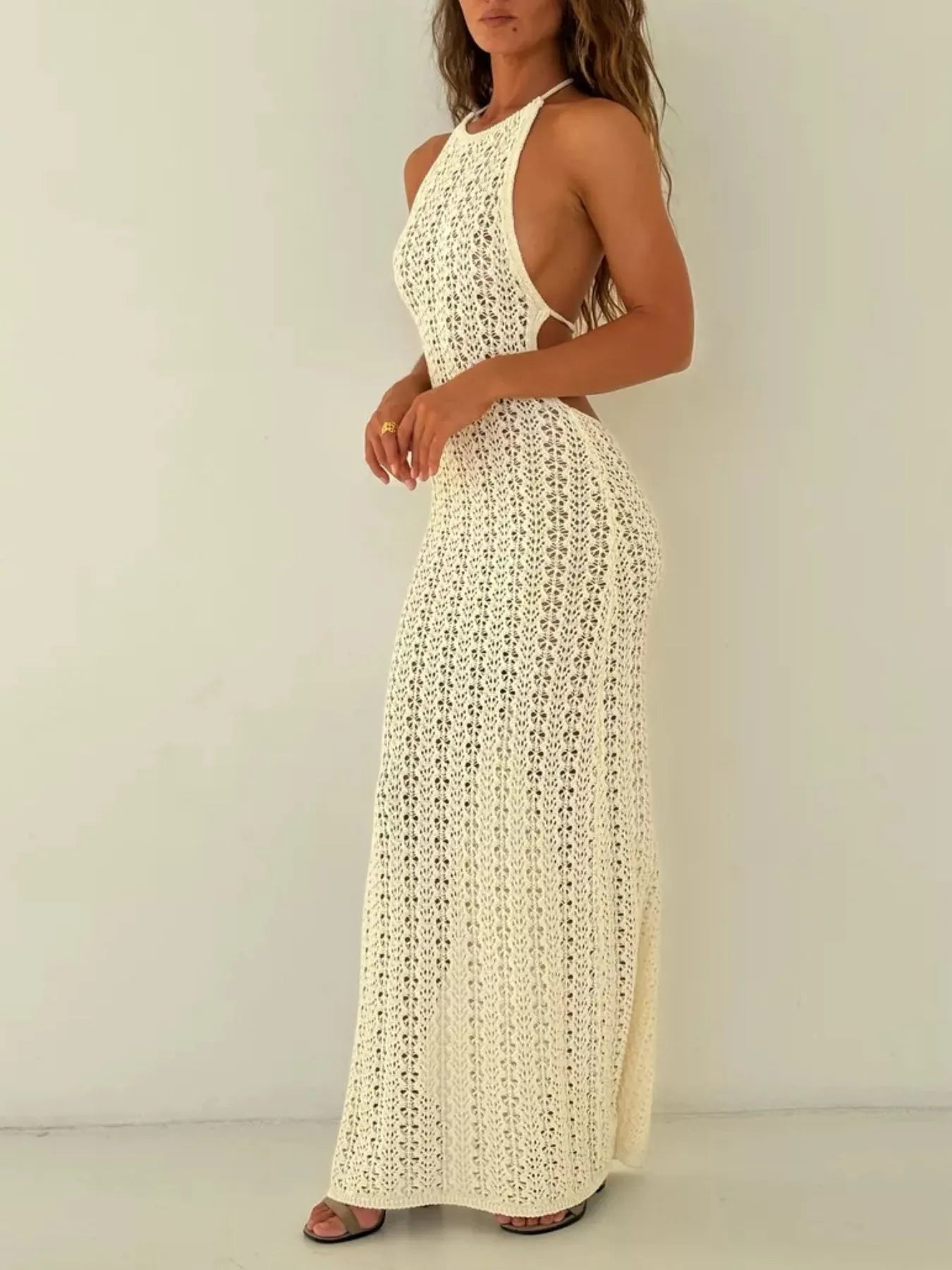 Crochet Halter Neck Bodycon Knit Cover Up Dress - Velora Luxury Fashion