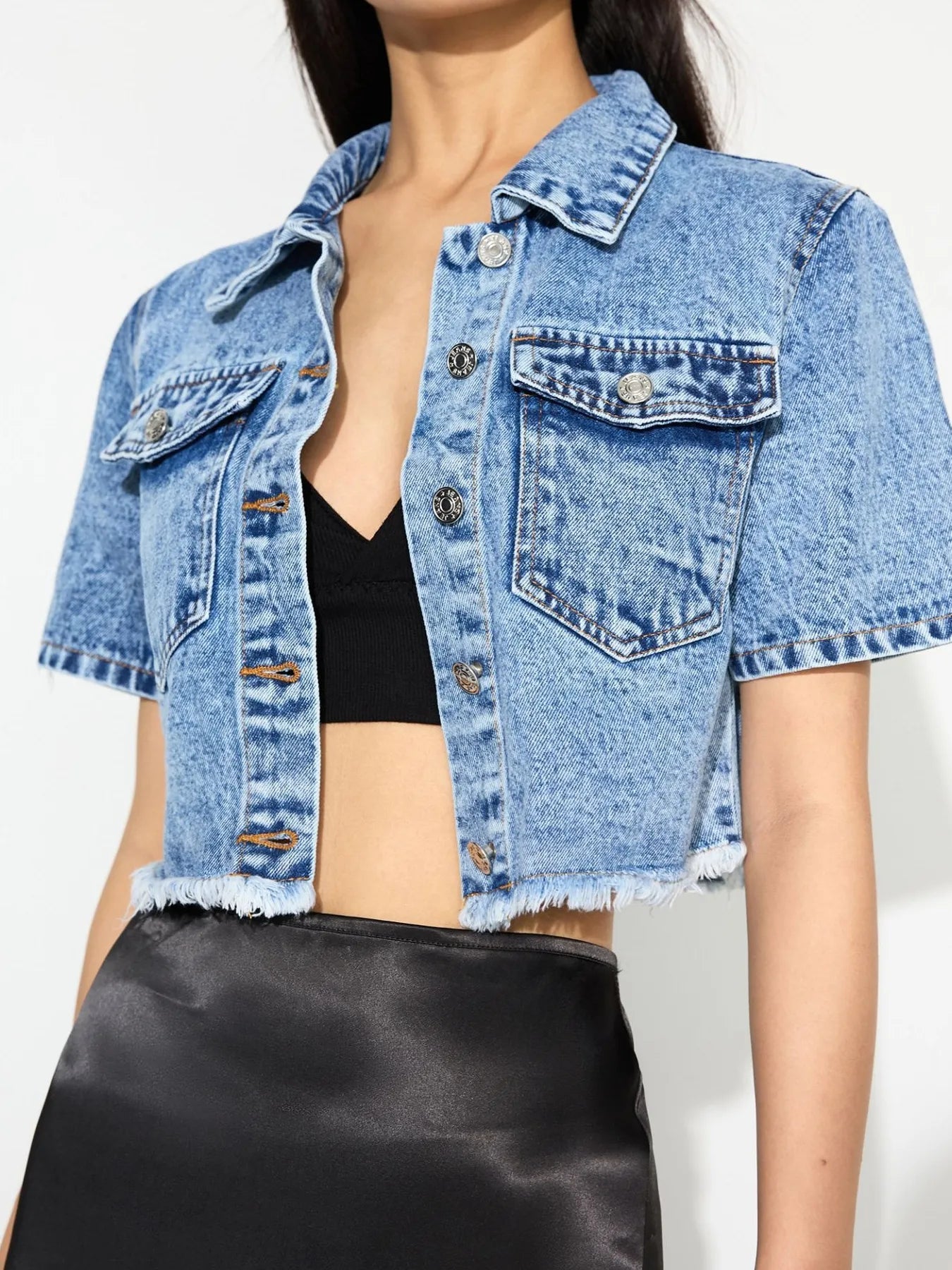 Cropped Short Sleeve Denim Jacket with Frayed Hem - Velora Luxury Fashion