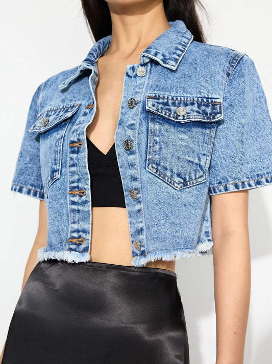 Cropped Short Sleeve Denim Jacket with Frayed Hem - Velora Luxury Fashion