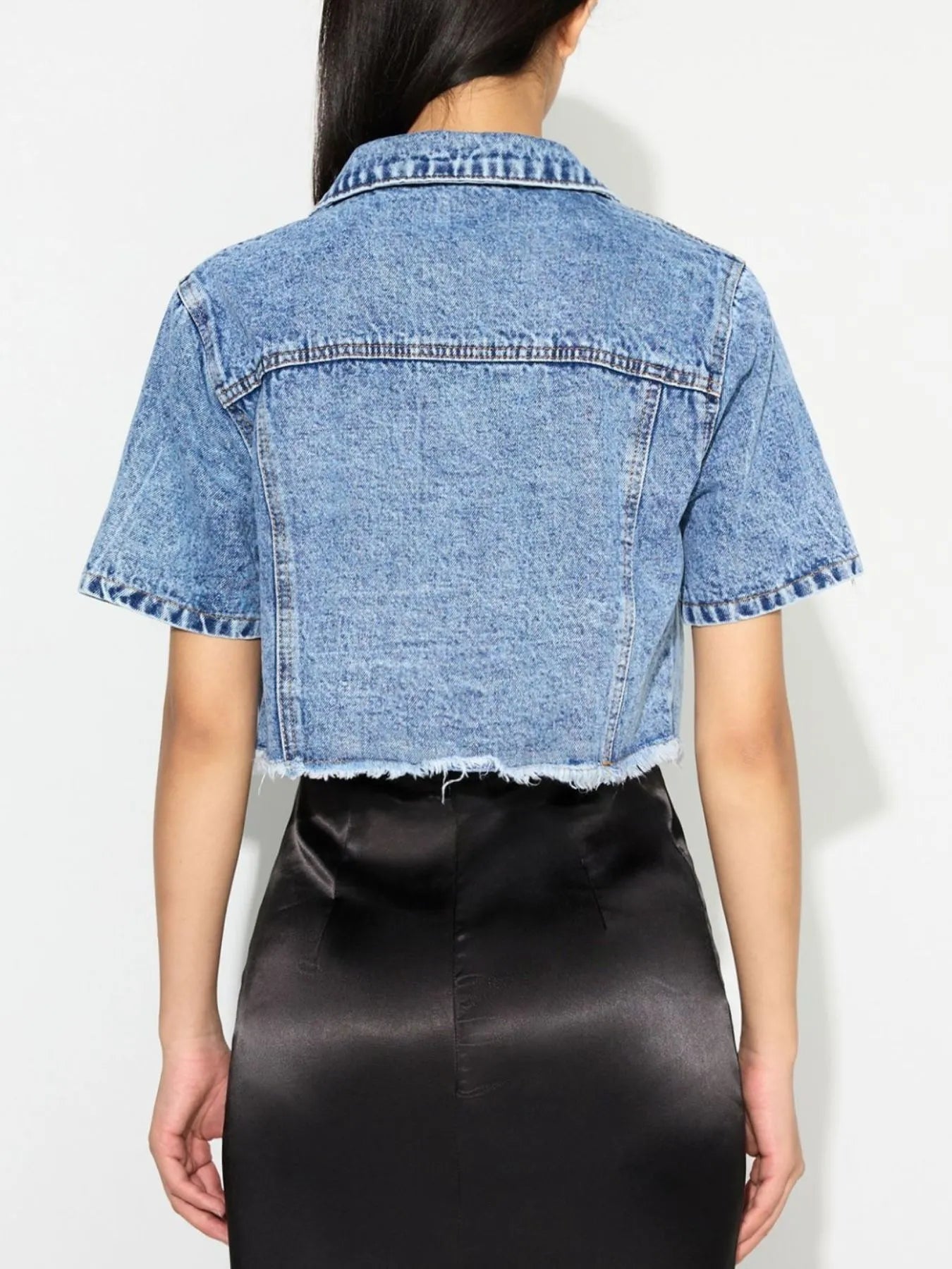 Cropped Short Sleeve Denim Jacket with Frayed Hem - Velora Luxury Fashion