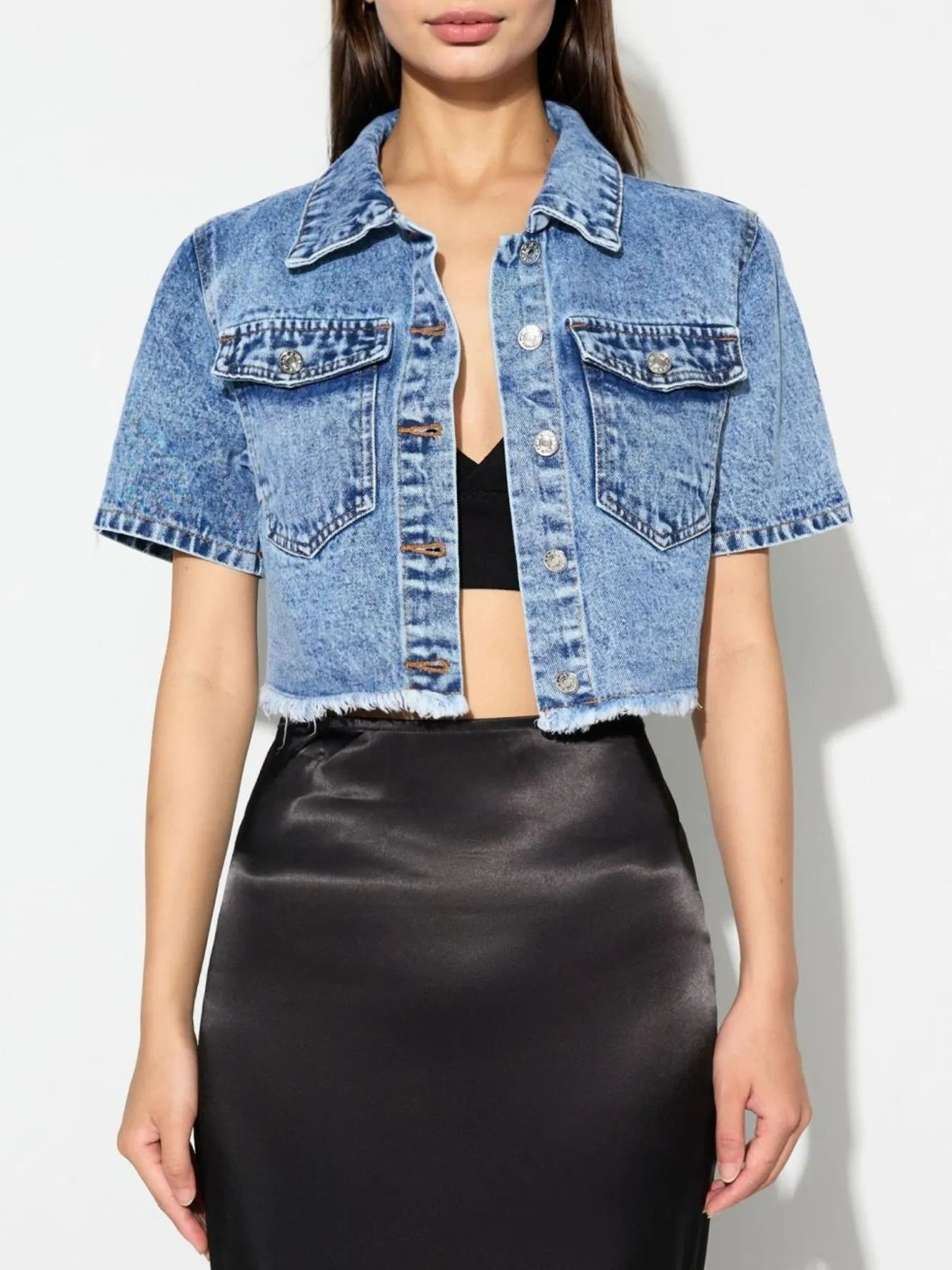 Cropped Short Sleeve Denim Jacket with Frayed Hem - Velora Luxury Fashion