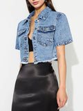 Cropped Short Sleeve Denim Jacket with Frayed Hem - Velora Luxury Fashion