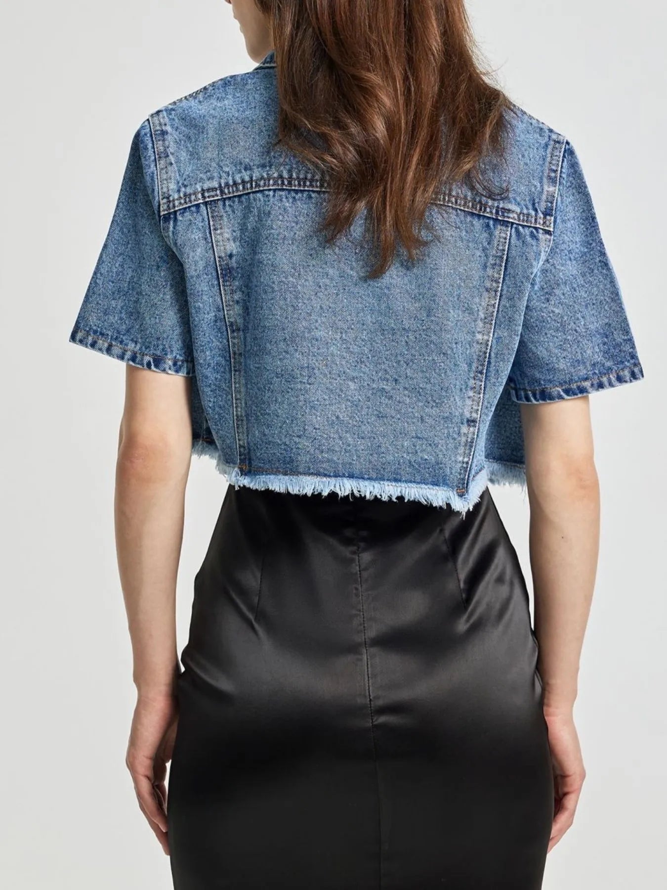 Cropped Short Sleeve Denim Jacket with Frayed Hem - Velora Luxury Fashion